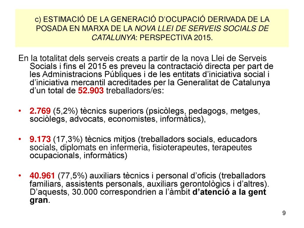 c) ESTIMACIÓ DE LA GENERACIÓ D’OCUPACIÓ DERIVADA DE LA POSADA EN MARXA DE LA NOVA LLEI DE SERVEIS SOCIALS DE CATALUNYA: PERSPECTIVA 2015.