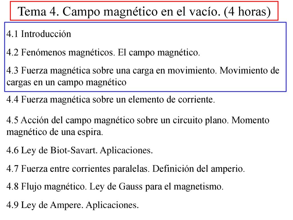 Tema 4. Campo magnético en el vacío. (4 horas)