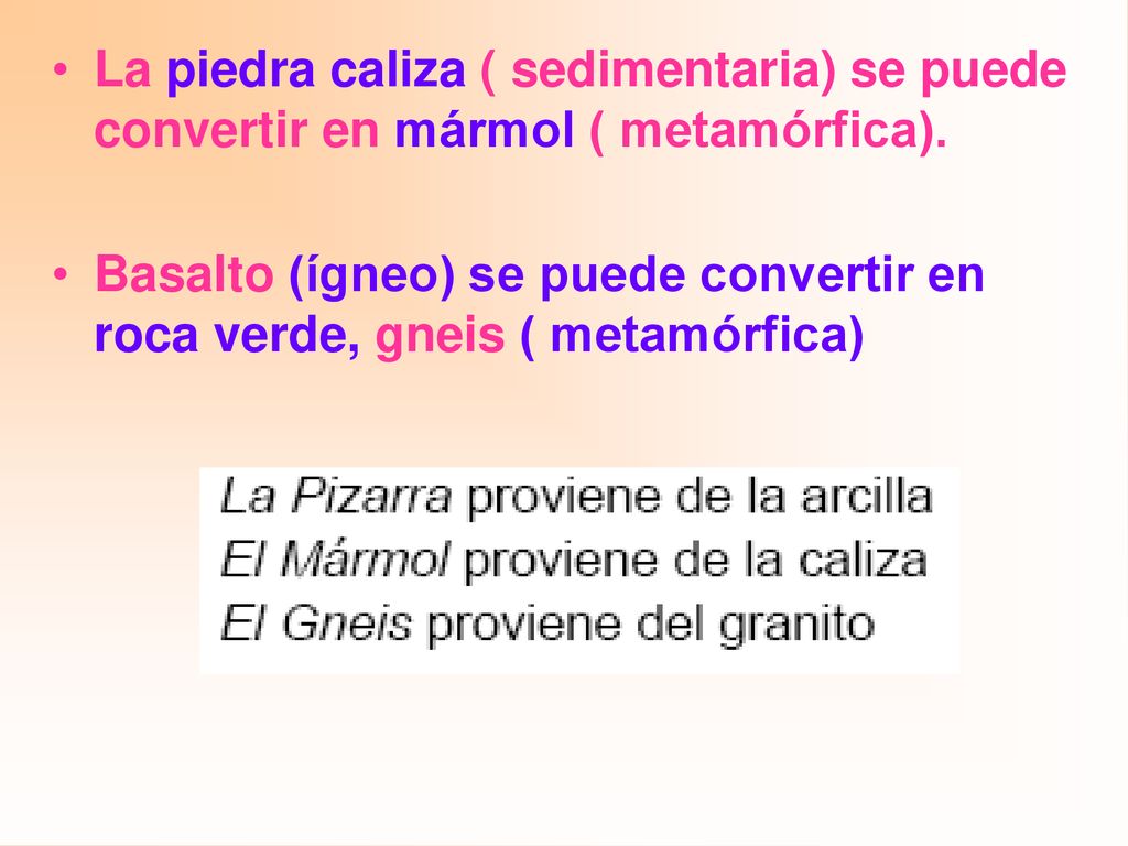 La piedra caliza ( sedimentaria) se puede convertir en mármol ( metamórfica).