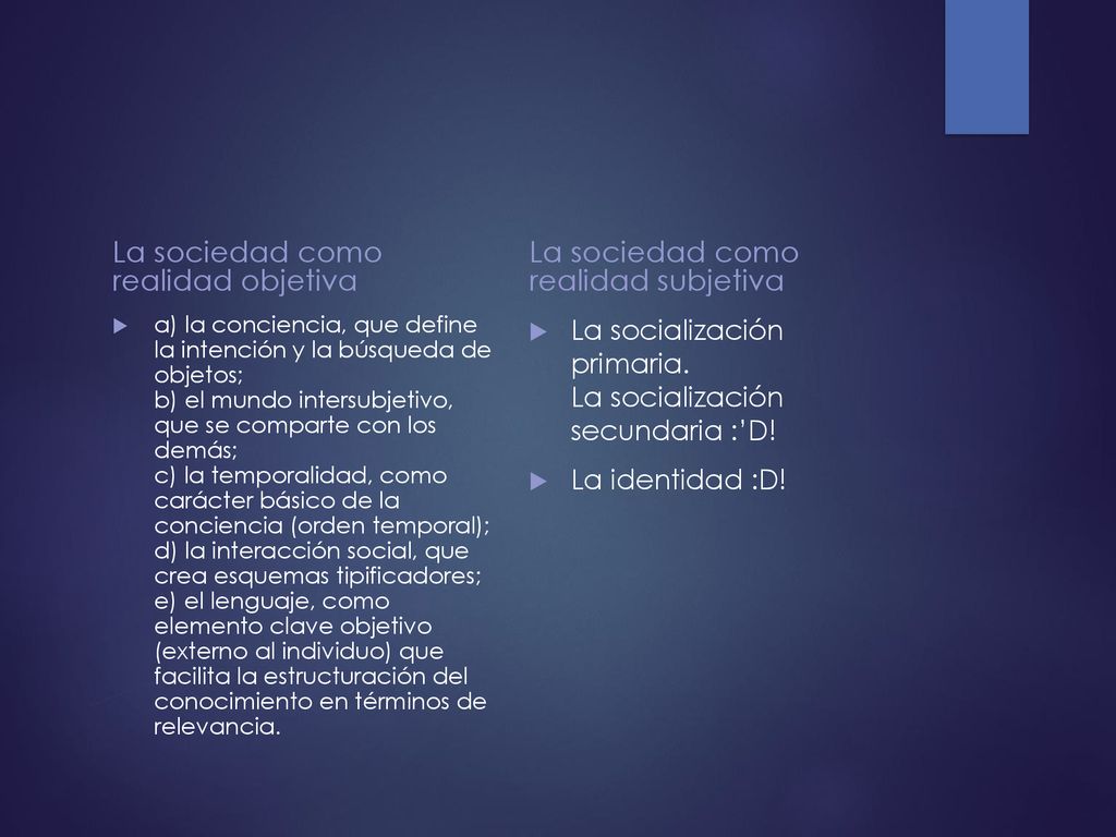 La sociedad como realidad objetiva La sociedad como realidad subjetiva