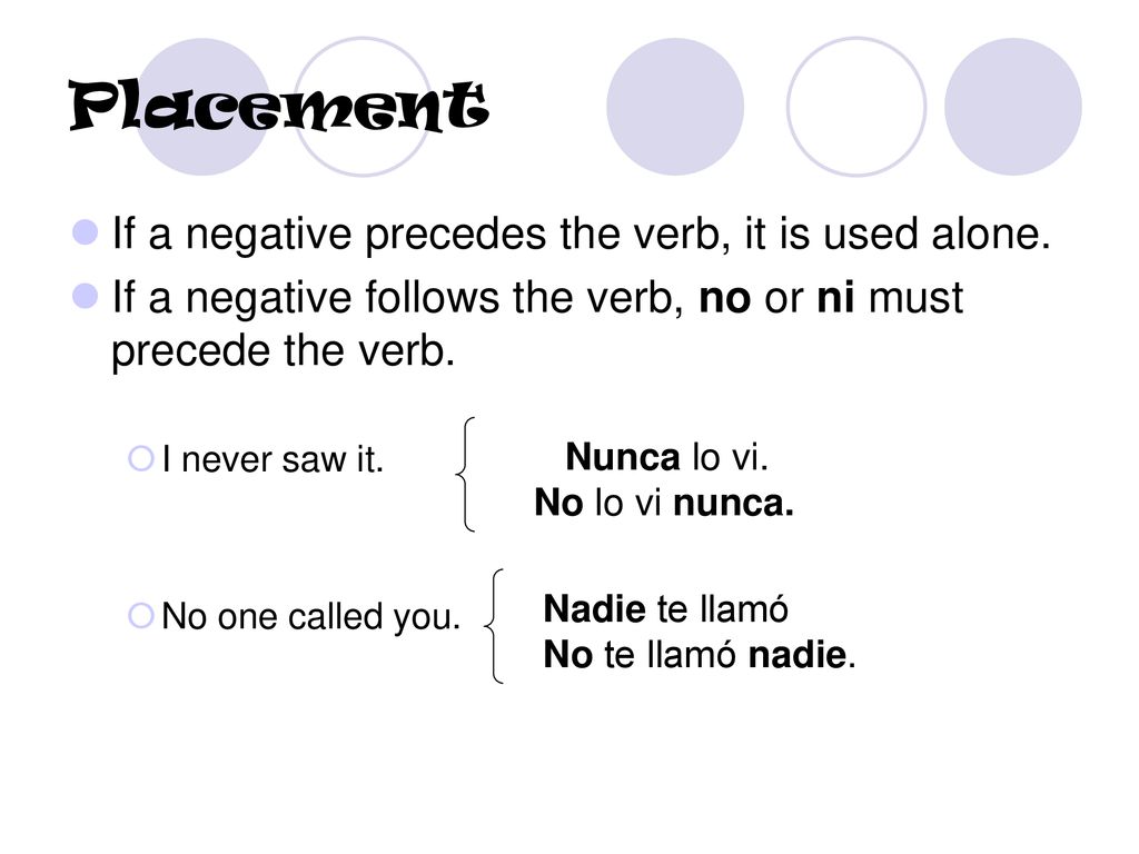 Placement If a negative precedes the verb, it is used alone.