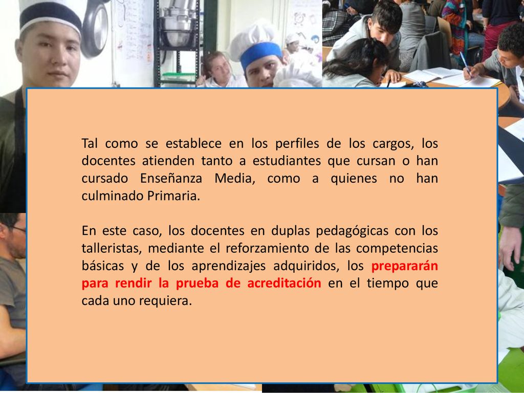 Tal como se establece en los perfiles de los cargos, los docentes atienden tanto a estudiantes que cursan o han cursado Enseñanza Media, como a quienes no han culminado Primaria.