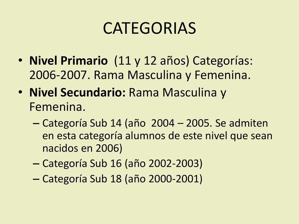CATEGORIAS Nivel Primario (11 y 12 años) Categorías: Rama Masculina y Femenina. Nivel Secundario: Rama Masculina y Femenina.