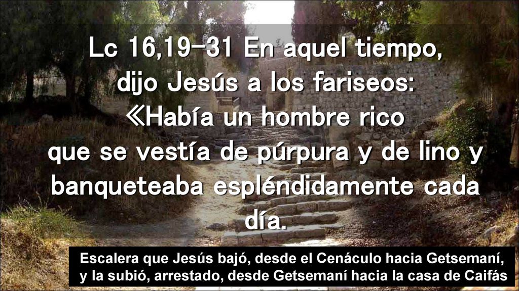 Lc 16,19-31 En aquel tiempo, dijo Jesús a los fariseos: «Había un hombre rico que se vestía de púrpura y de lino y banqueteaba espléndidamente cada día.