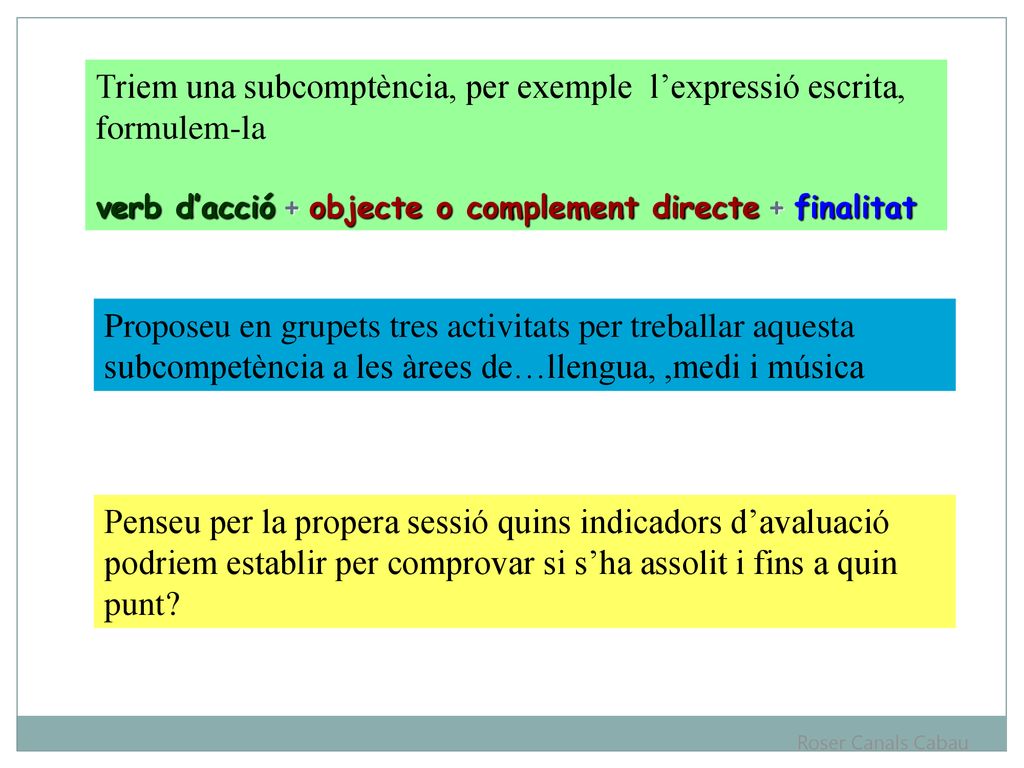 Triem una subcomptència, per exemple l’expressió escrita, formulem-la verb d’acció + objecte o complement directe + finalitat