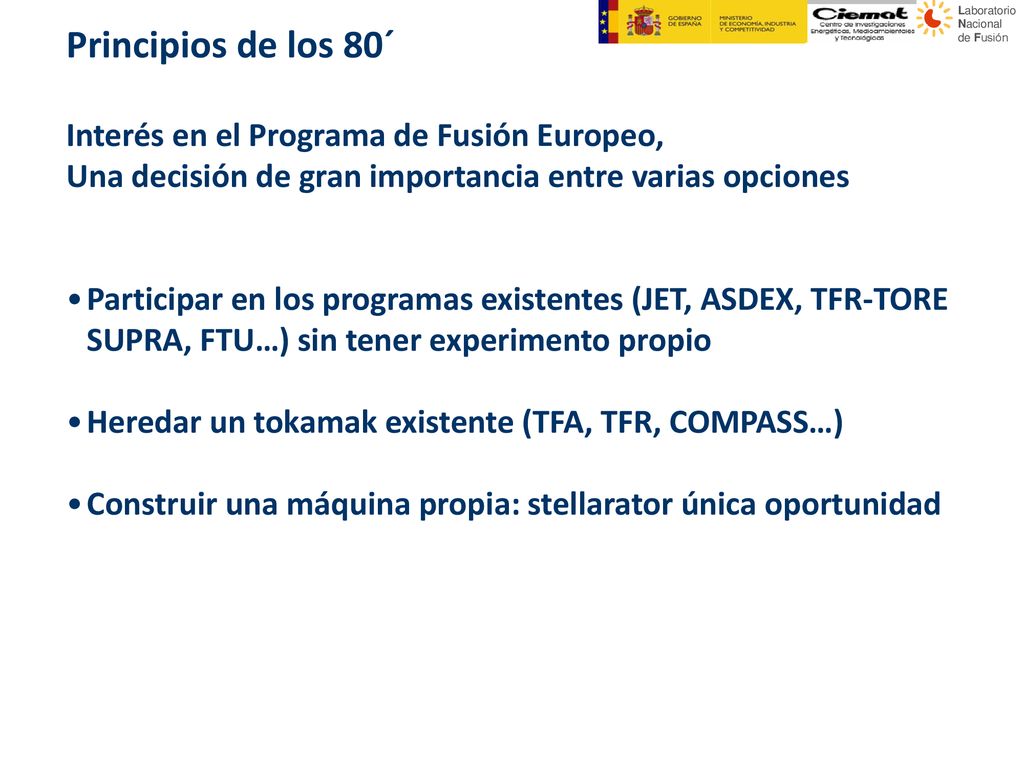 Principios de los 80´ Interés en el Programa de Fusión Europeo,