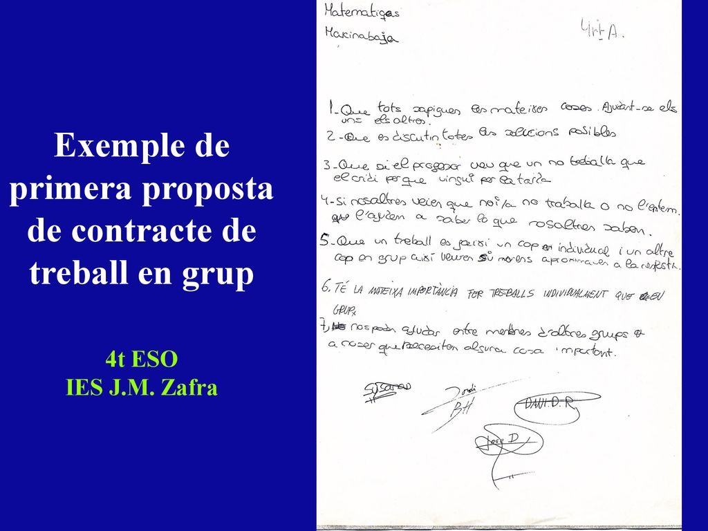 Exemple de primera proposta de contracte de treball en grup 4t ESO IES J.M. Zafra
