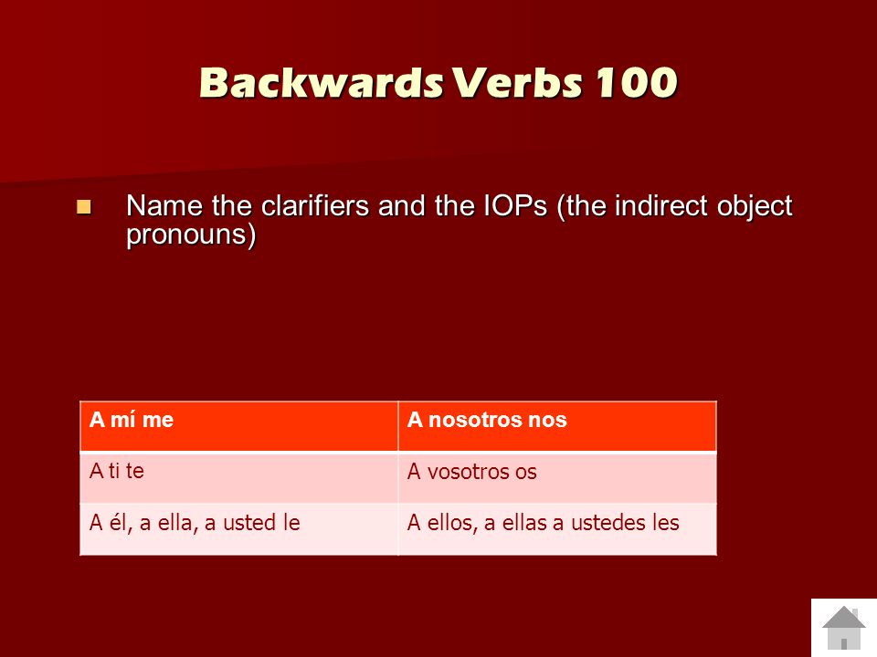 Backwards Verbs 100 Name the clarifiers and the IOPs (the indirect object pronouns) A mí me. A nosotros nos.