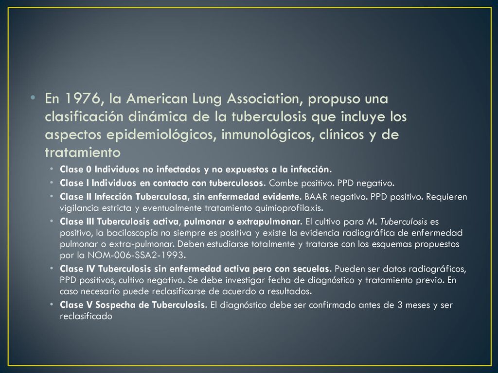 En 1976, la American Lung Association, propuso una clasificación dinámica de la tuberculosis que incluye los aspectos epidemiológicos, inmunológicos, clínicos y de tratamiento