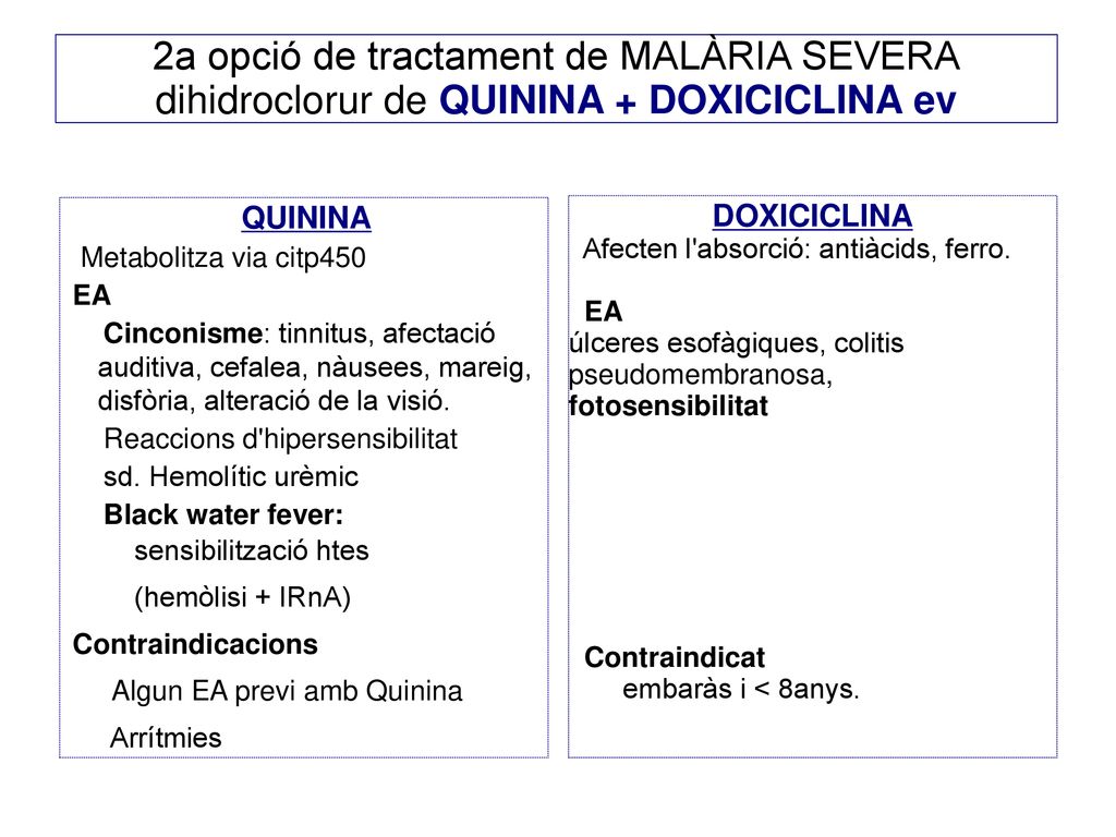 2a opció de tractament de MALÀRIA SEVERA dihidroclorur de QUININA + DOXICICLINA ev
