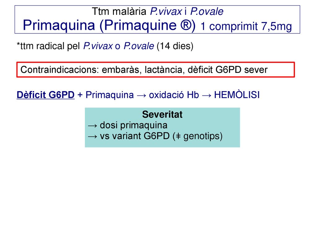 Ttm malària P.vivax i P.ovale Primaquina (Primaquine ®) 1 comprimit 7,5mg