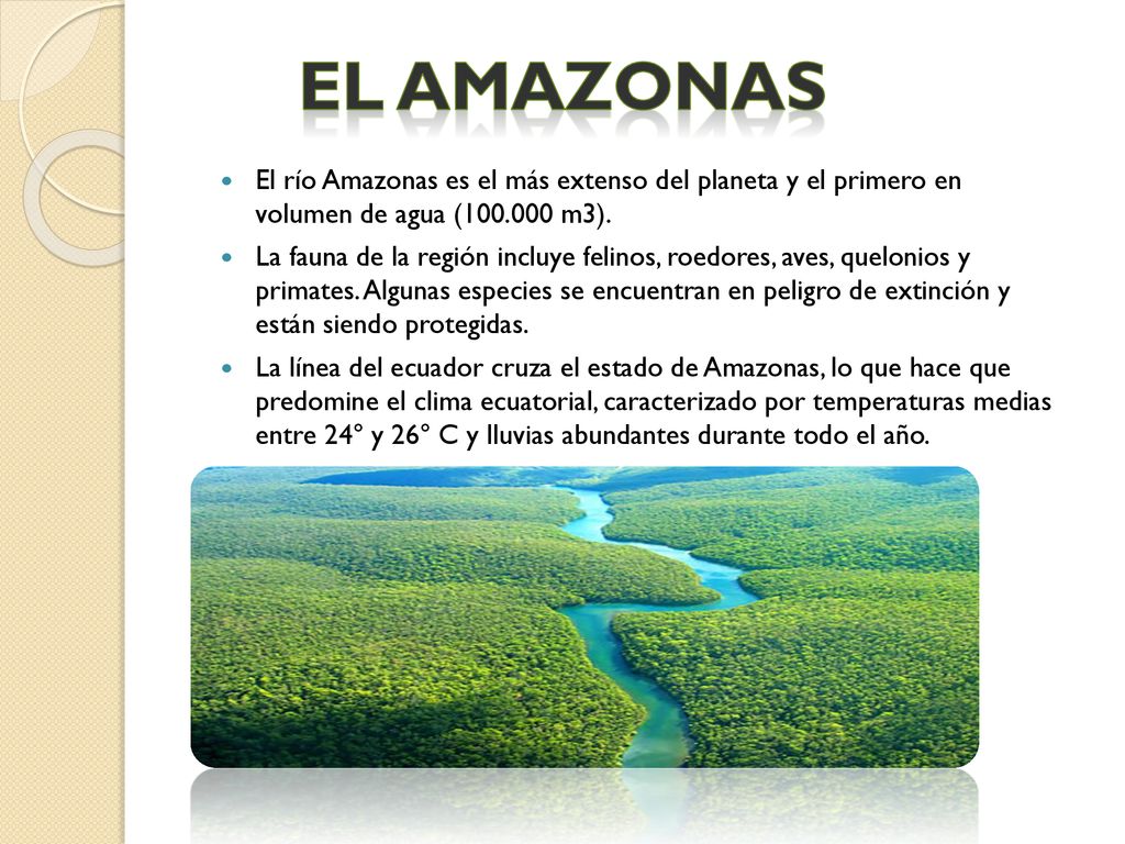 El Amazonas El río Amazonas es el más extenso del planeta y el primero en volumen de agua ( m3).