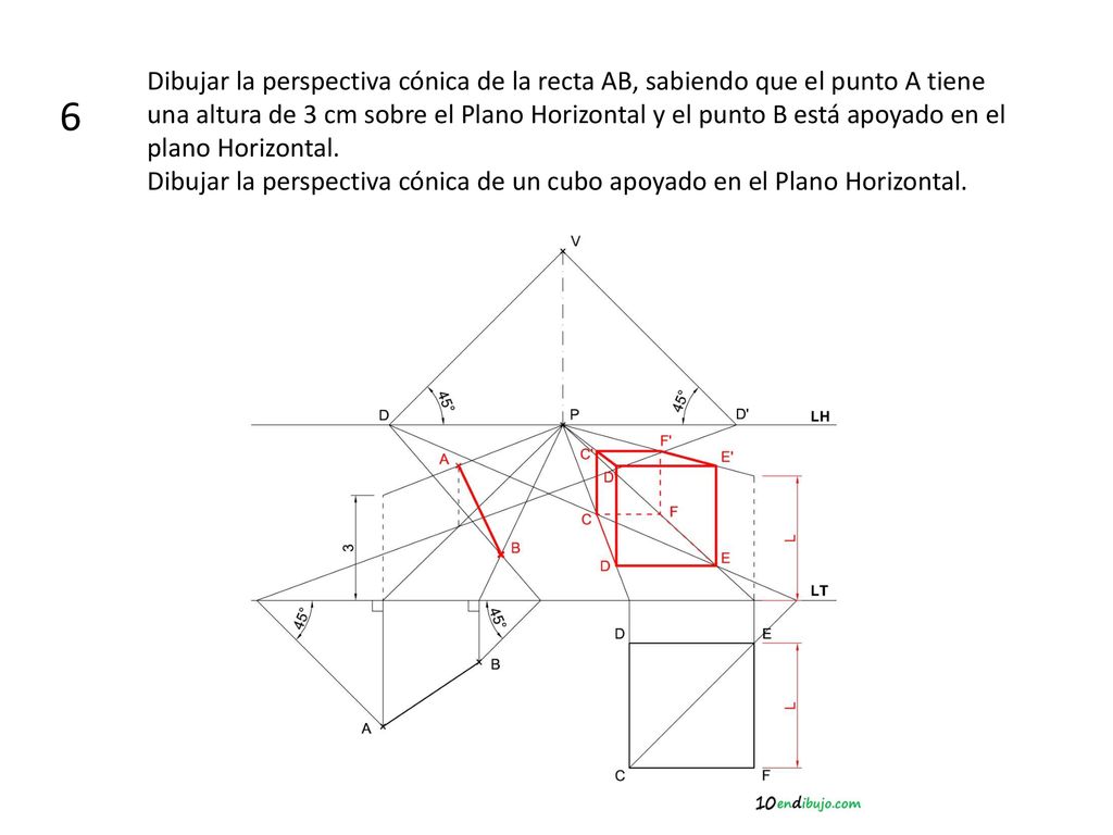 Dibujar la perspectiva cónica de la recta AB, sabiendo que el punto A tiene una altura de 3 cm sobre el Plano Horizontal y el punto B está apoyado en el plano Horizontal.