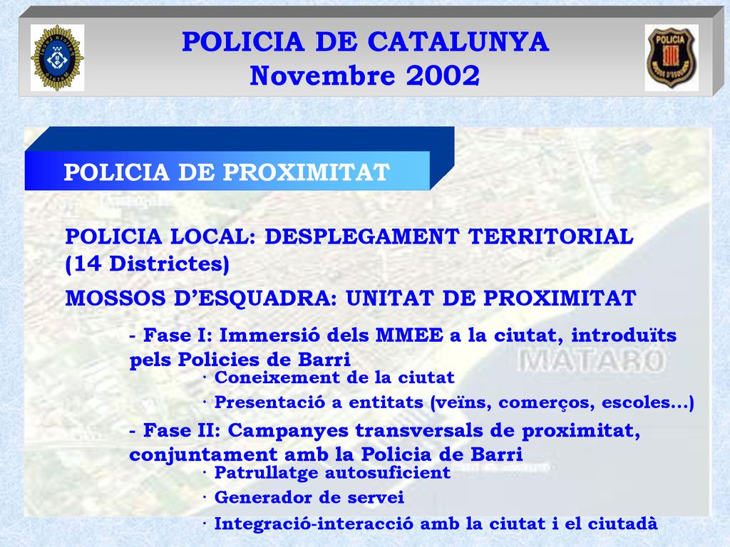 POLICIA DE PROXIMITAT MOSSOS D’ESQUADRA: UNITAT DE PROXIMITAT. - Fase I: Immersió dels MMEE a la ciutat, introduïts pels Policies de Barri.