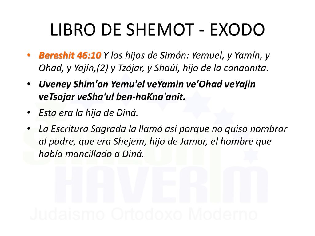 LIBRO DE SHEMOT - EXODO Bereshit 46:10 Y los hijos de Simón: Yemuel, y Yamín, y Ohad, y Yajín,(2) y Tzójar, y Shaúl, hijo de la canaanita.