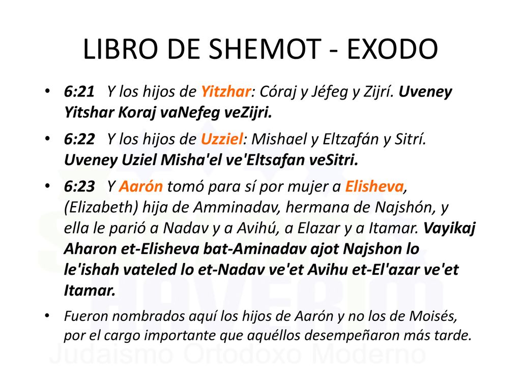 LIBRO DE SHEMOT - EXODO 6:21 Y los hijos de Yitzhar: Córaj y Jéfeg y Zijrí. Uveney Yitshar Koraj vaNefeg veZijri.