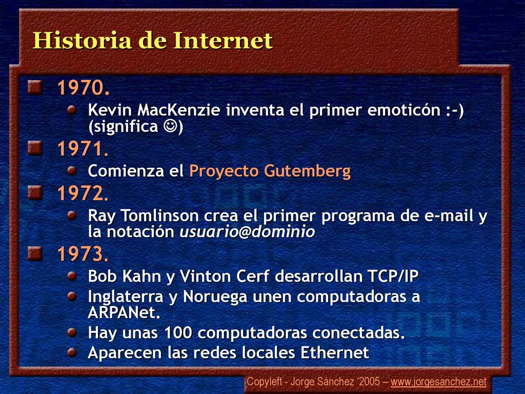 Historia de Internet Kevin MacKenzie inventa el primer emoticón :-) (significa ) Comienza el Proyecto Gutemberg.