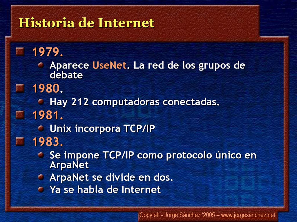 Historia de Internet Aparece UseNet. La red de los grupos de debate Hay 212 computadoras conectadas.