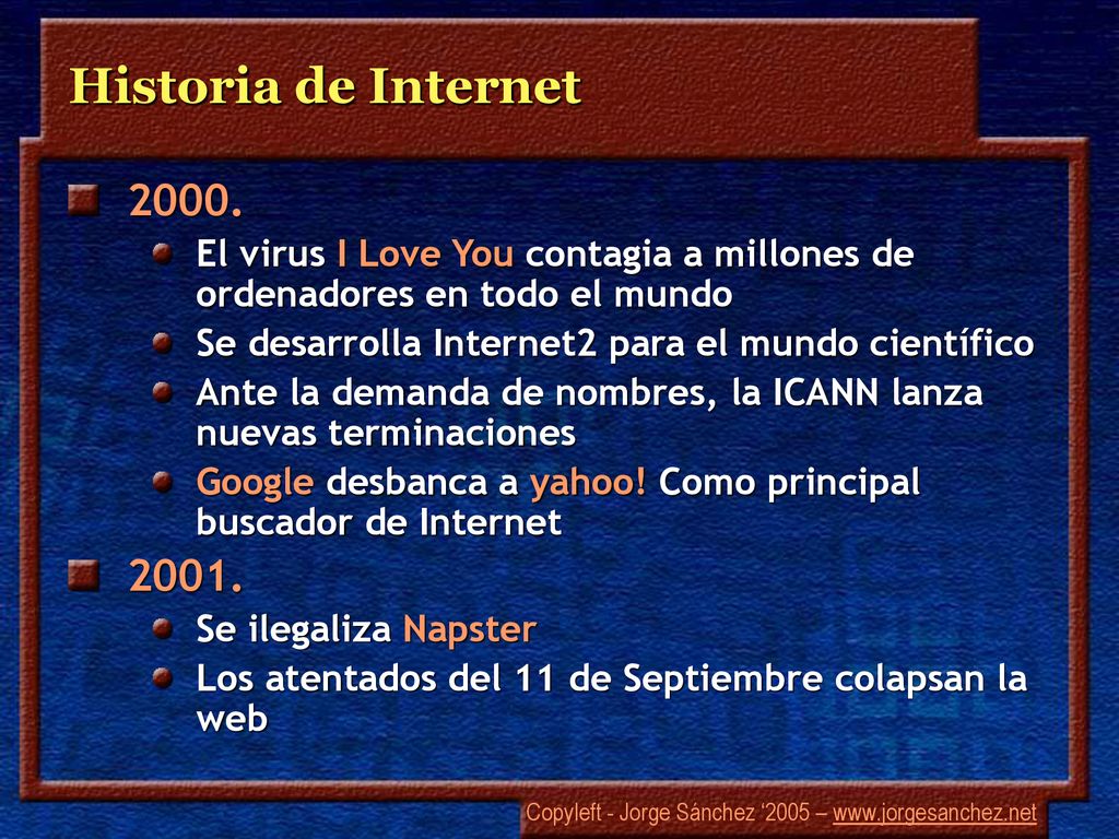 Historia de Internet El virus I Love You contagia a millones de ordenadores en todo el mundo.
