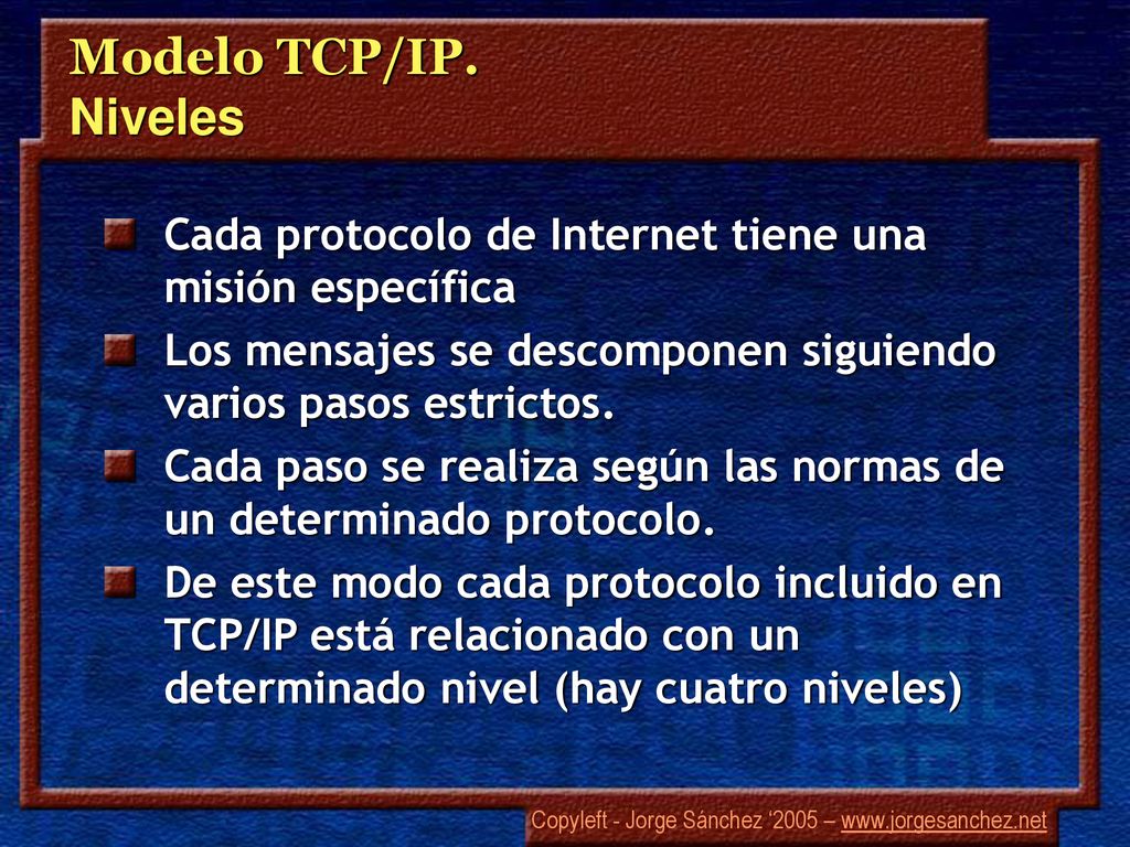 Modelo TCP/IP. Niveles Cada protocolo de Internet tiene una misión específica. Los mensajes se descomponen siguiendo varios pasos estrictos.