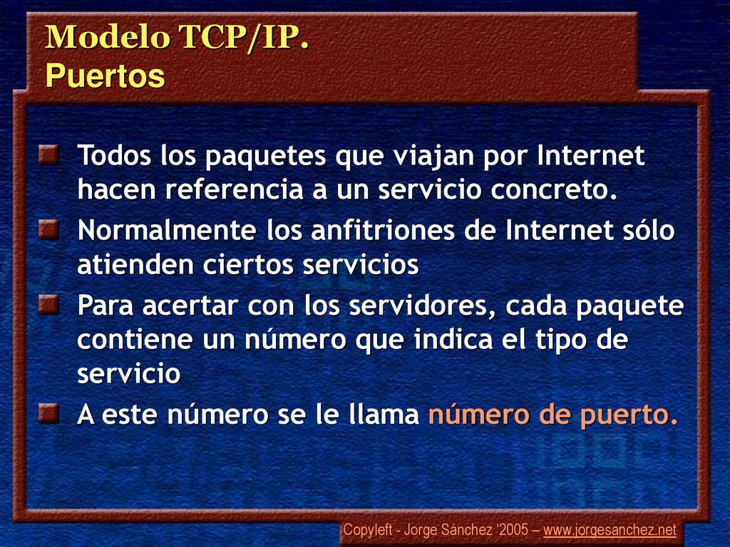 Modelo TCP/IP. Puertos Todos los paquetes que viajan por Internet hacen referencia a un servicio concreto.