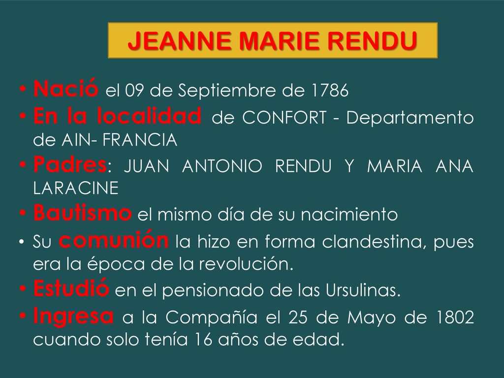 JEANNE MARIE RENDU Nació el 09 de Septiembre de 1786