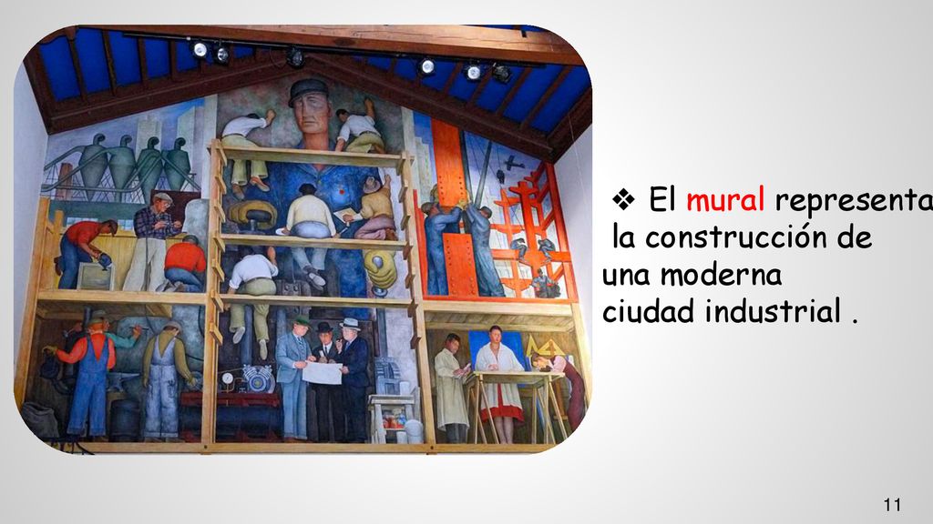 El mural representa la construcción de una moderna ciudad industrial .