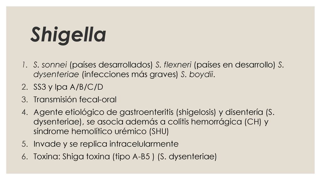 Shigella S. sonnei (países desarrollados) S. flexneri (países en desarrollo) S. dysenteriae (infecciones más graves) S. boydii.