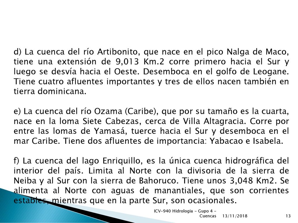 d) La cuenca del río Artibonito, que nace en el pico Nalga de Maco, tiene una extensión de 9,013 Km.2 corre primero hacia el Sur y luego se desvía hacia el Oeste. Desemboca en el golfo de Leogane. Tiene cuatro afluentes importantes y tres de ellos nacen también en tierra dominicana.