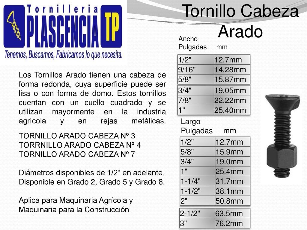 Tornillo Cabeza Arado 1/2 12.7mm 9/ mm 5/ mm