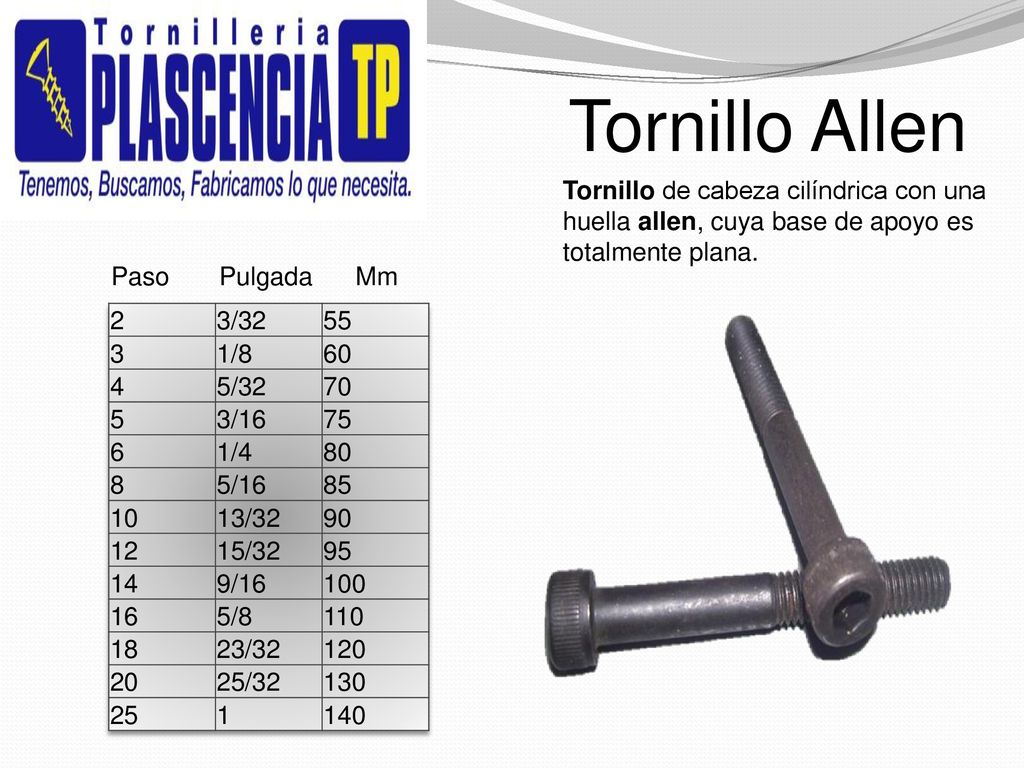 Tornillo Allen Tornillo de cabeza cilíndrica con una huella allen, cuya base de apoyo es totalmente plana.