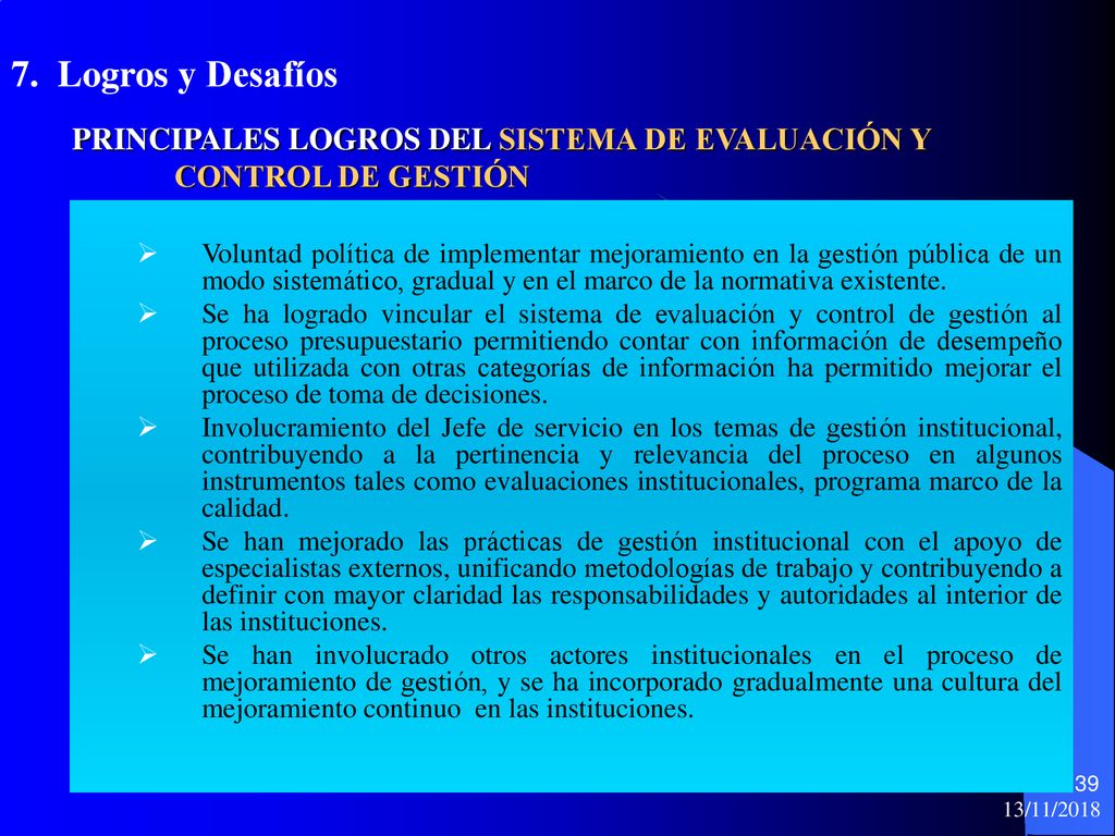PRINCIPALES LOGROS DEL SISTEMA DE EVALUACIÓN Y CONTROL DE GESTIÓN