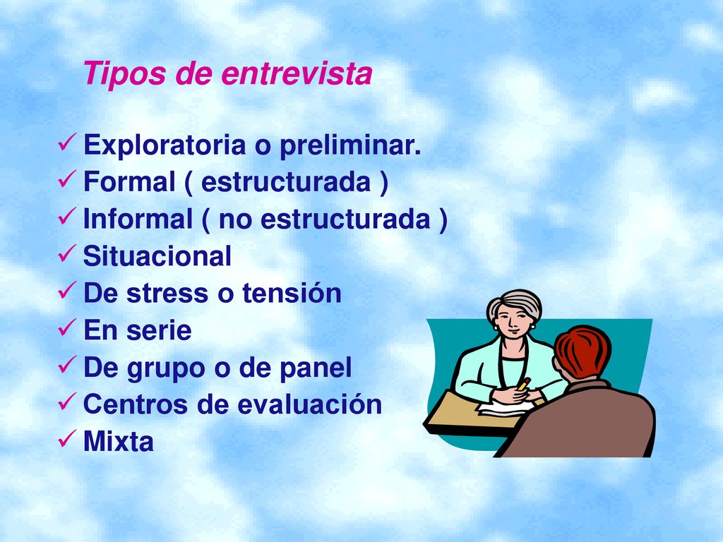 Tipos de entrevista Exploratoria o preliminar. Formal ( estructurada )