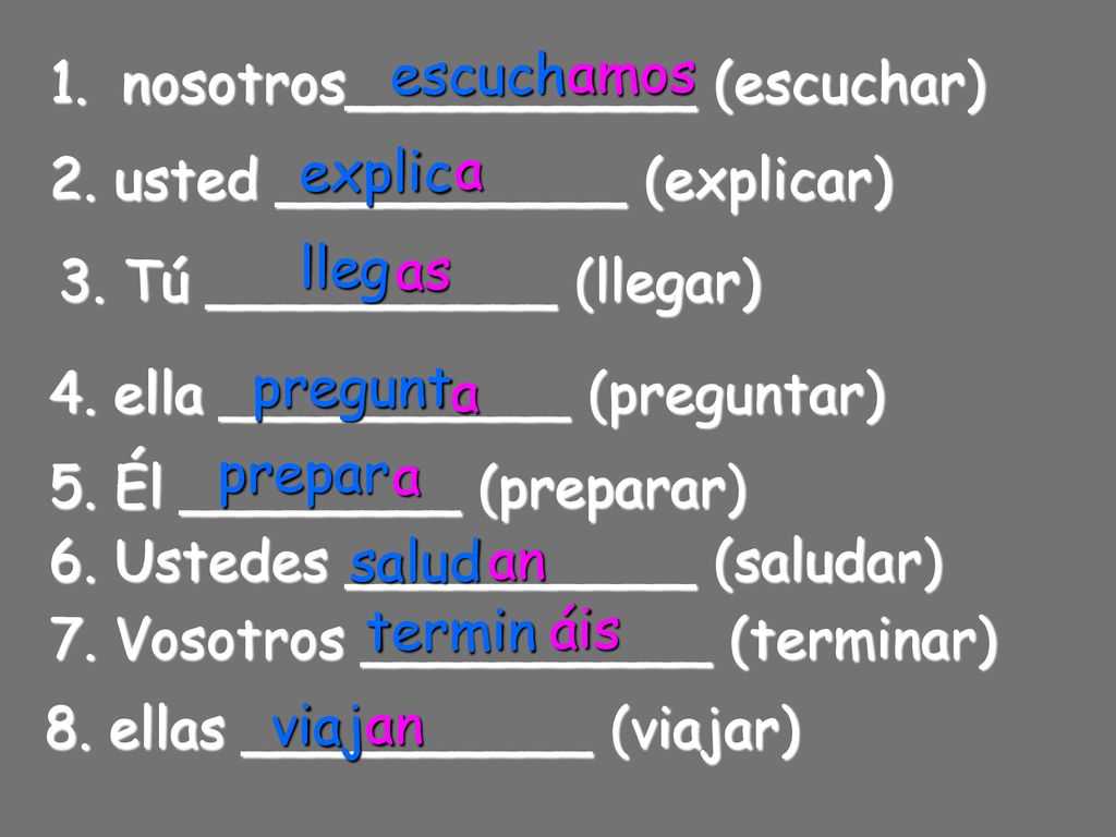 escuch amos. 1. nosotros__________ (escuchar) explic. a. 2. usted __________ (explicar) lleg.