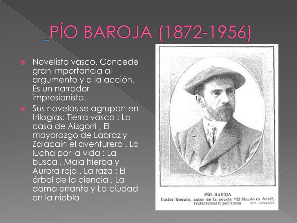 PÍO BAROJA ( ) Novelista vasco. Concede gran importancia al argumento y a la acción. Es un narrador impresionista.