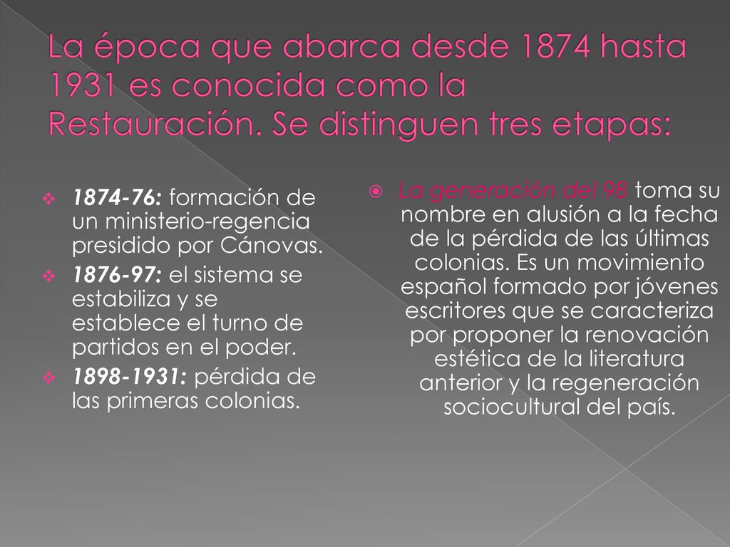 La época que abarca desde 1874 hasta 1931 es conocida como la Restauración. Se distinguen tres etapas: