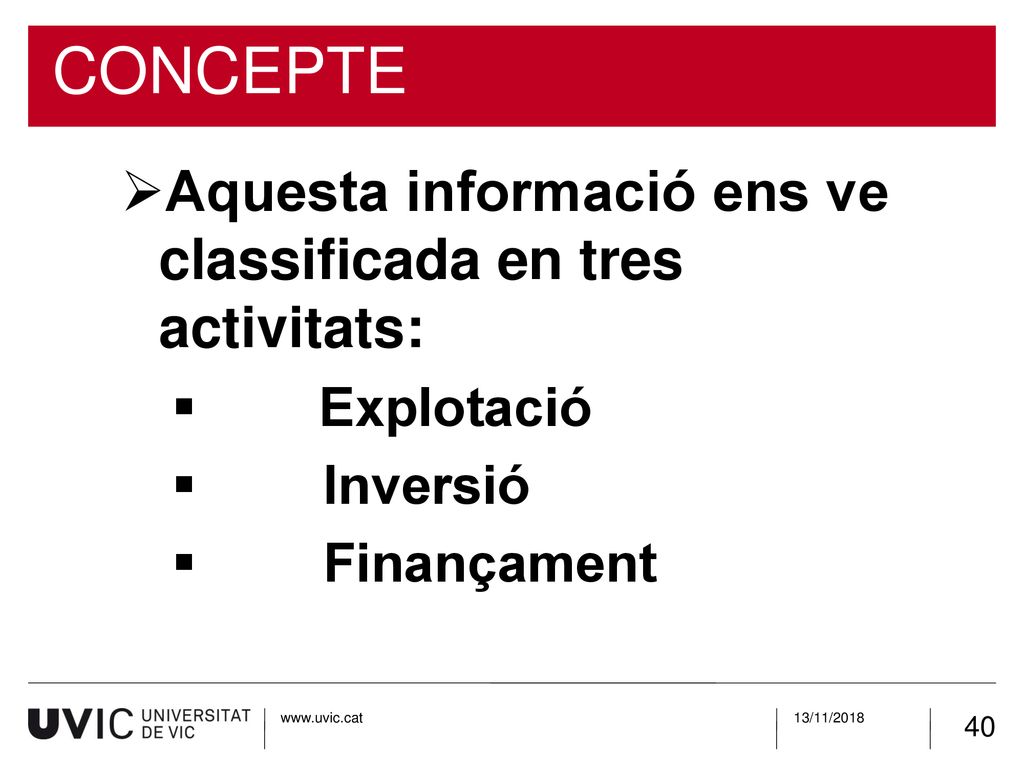 CONCEPTE Aquesta informació ens ve classificada en tres activitats: