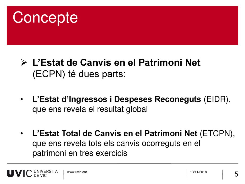 Concepte L’Estat de Canvis en el Patrimoni Net (ECPN) té dues parts: