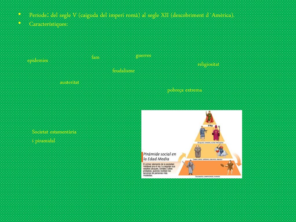 Període: del segle V (caiguda del imperi romà) al segle XII (descobriment d´Amèrica).
