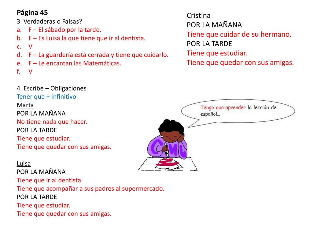 Tiene que cuidar de su hermano. POR LA TARDE Tiene que estudiar.