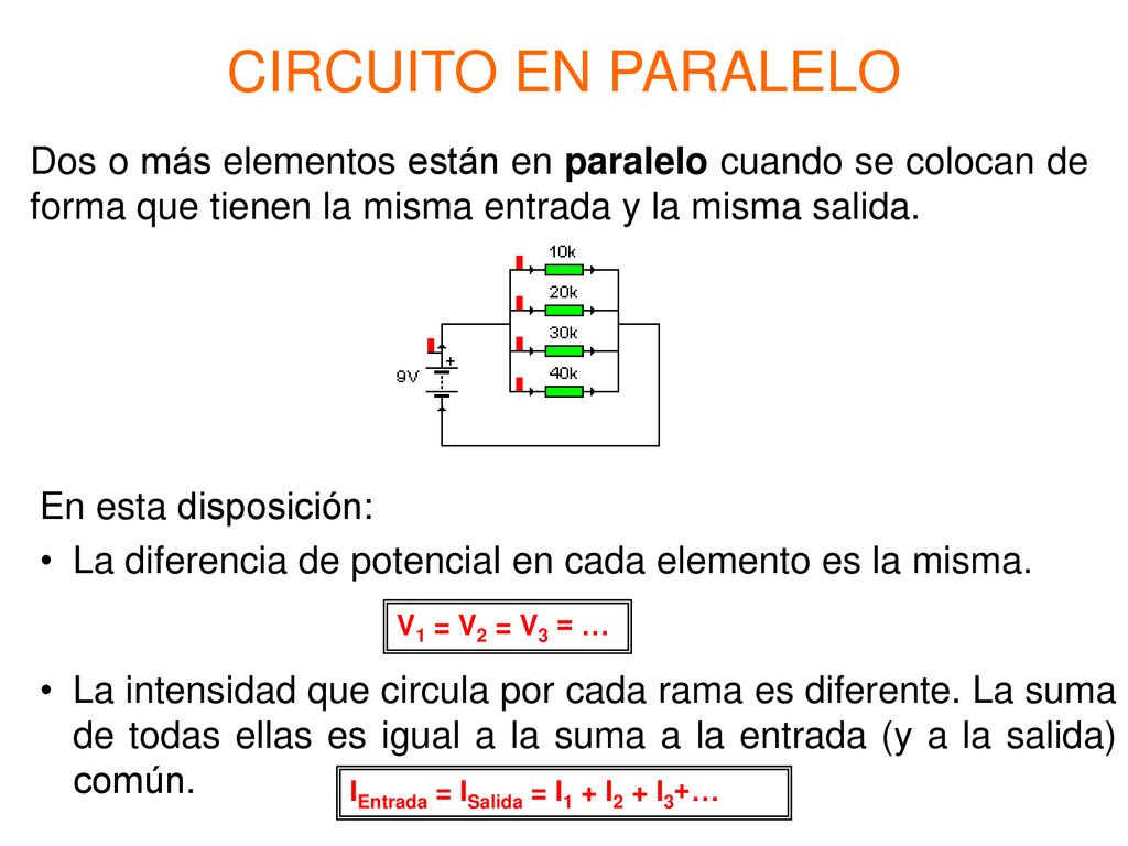 CIRCUITO EN PARALELO Dos o más elementos están en paralelo cuando se colocan de forma que tienen la misma entrada y la misma salida.