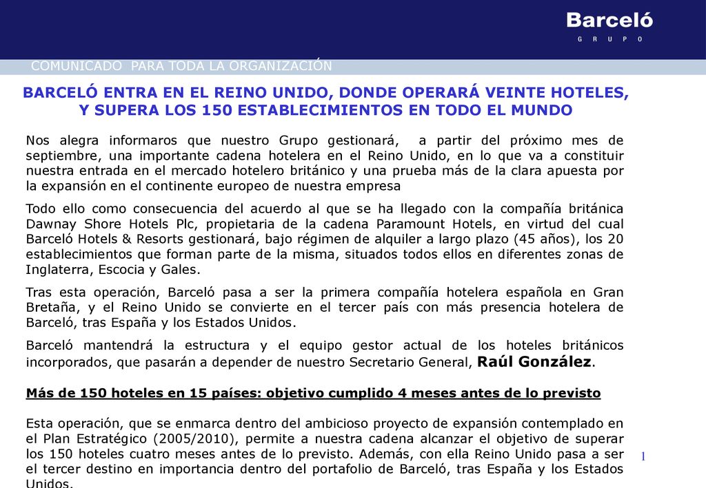 BARCELÓ ENTRA EN EL REINO UNIDO, DONDE OPERARÁ VEINTE HOTELES,