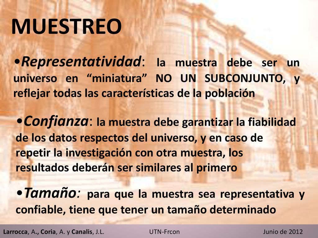 MUESTREO Representatividad: la muestra debe ser un universo en miniatura NO UN SUBCONJUNTO, y reflejar todas las características de la población.