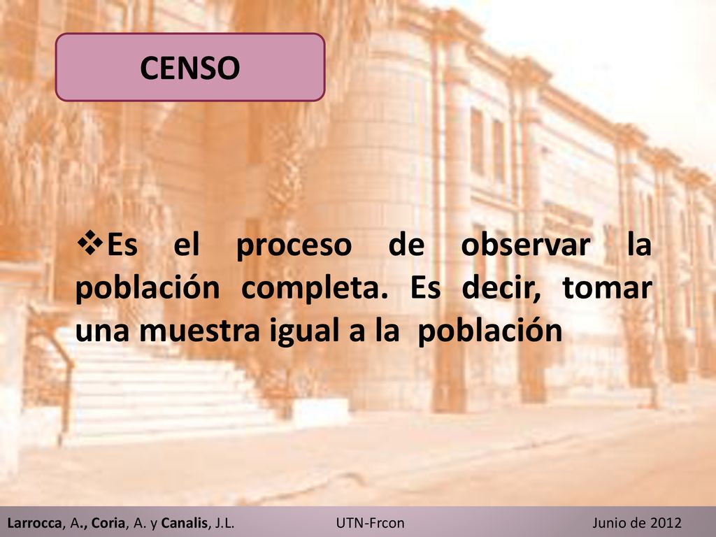 CENSO Es el proceso de observar la población completa. Es decir, tomar una muestra igual a la población.