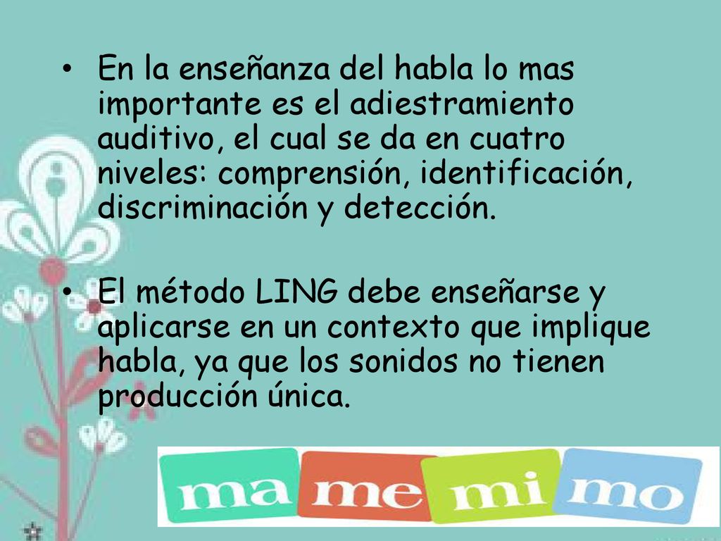 En la enseñanza del habla lo mas importante es el adiestramiento auditivo, el cual se da en cuatro niveles: comprensión, identificación, discriminación y detección.