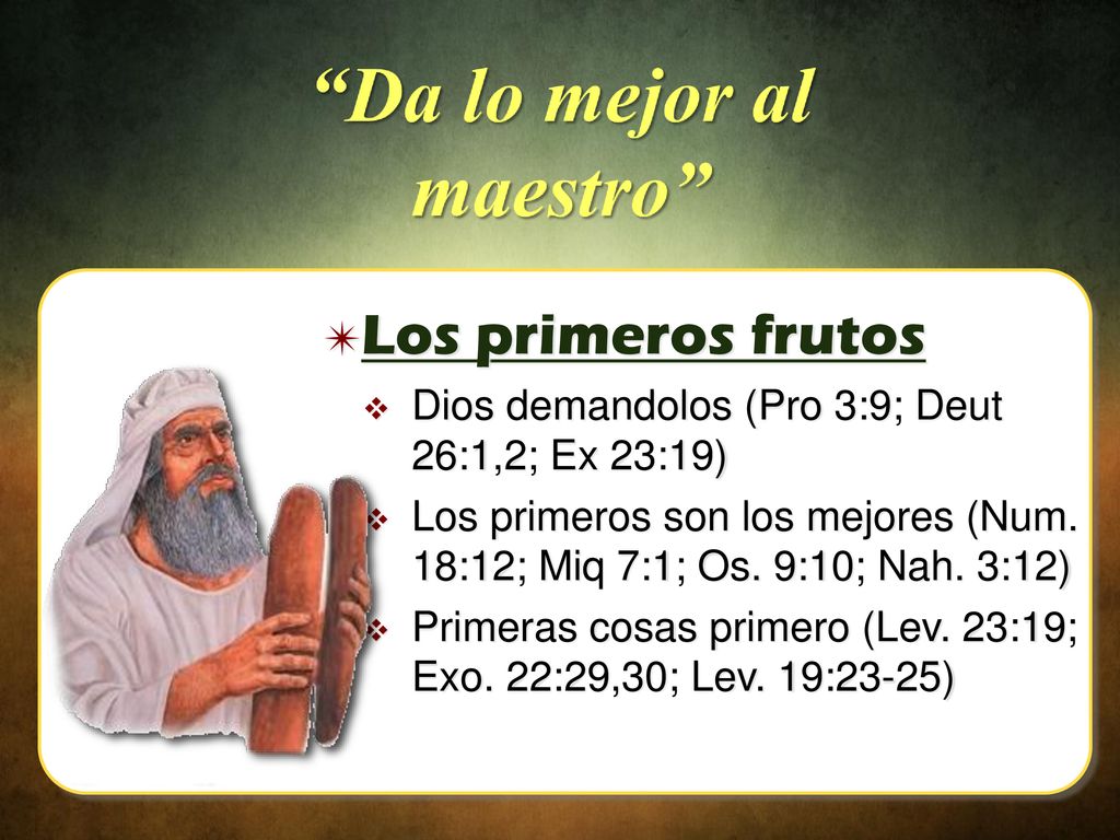 Los primeros frutos Dios demandolos (Pro 3:9; Deut 26:1,2; Ex 23:19)