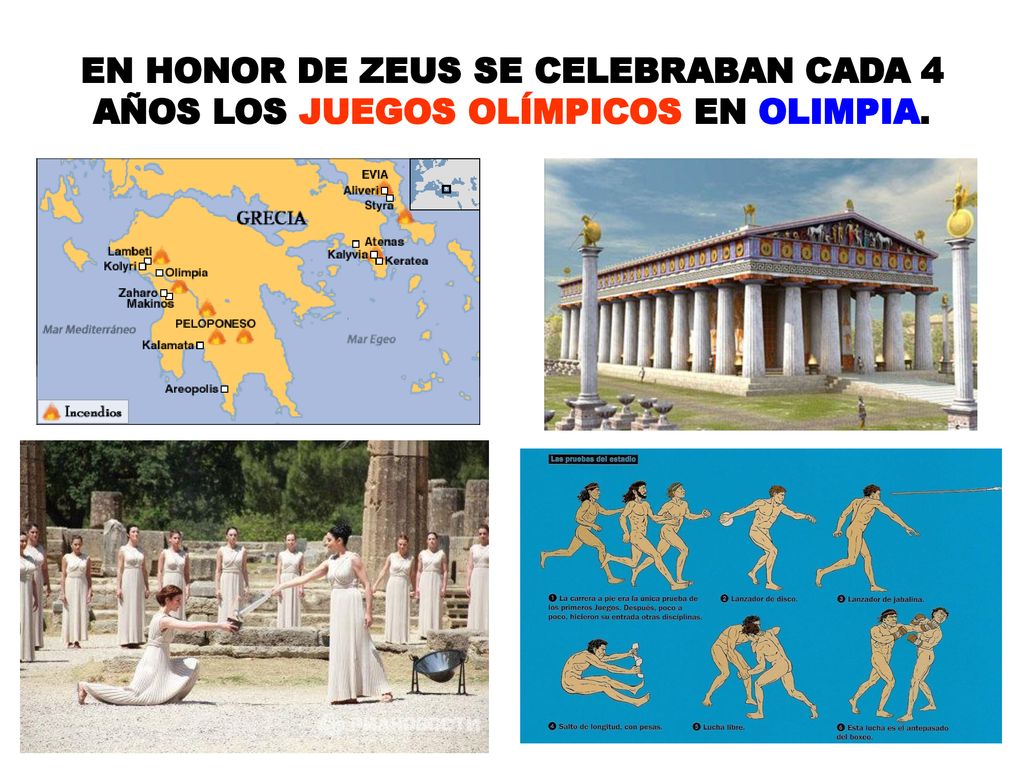 EN HONOR DE ZEUS SE CELEBRABAN CADA 4 AÑOS LOS JUEGOS OLÍMPICOS EN OLIMPIA.