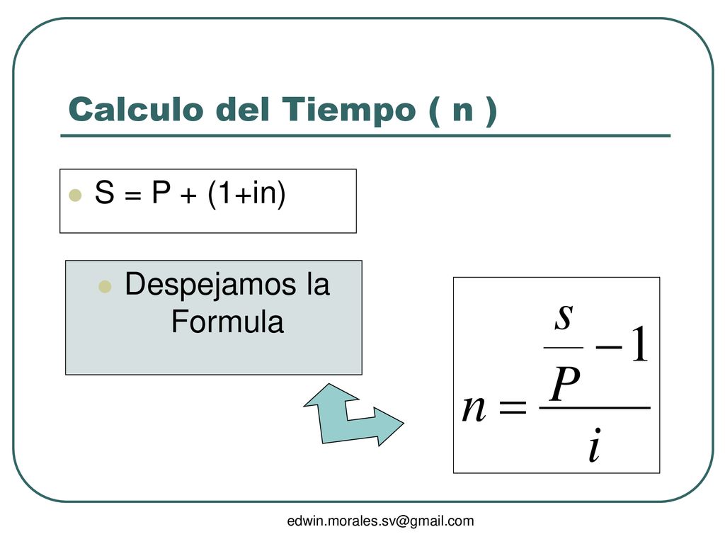 Calculo del Tiempo ( n ) S = P + (1+in) Despejamos la Formula