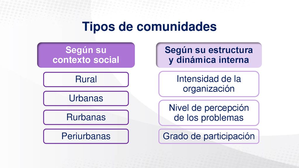 Tipos de comunidades Según su contexto social Según su estructura