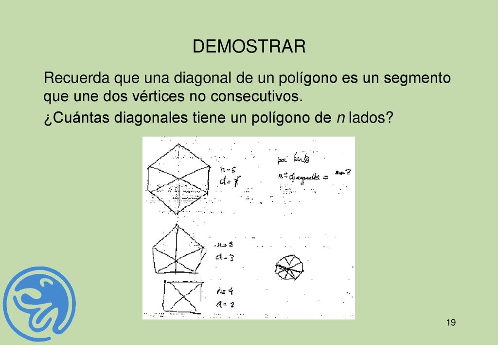 DEMOSTRAR Recuerda que una diagonal de un polígono es un segmento que une dos vértices no consecutivos.